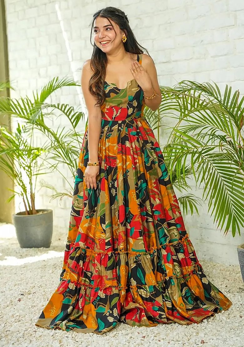 Midnight Dreams: Dark Print Rayon Anarkali Gown