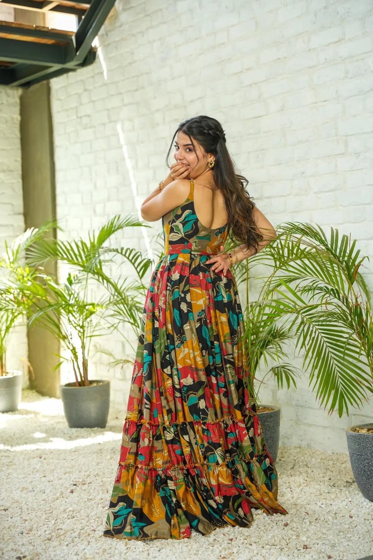 Midnight Dreams: Dark Print Rayon Anarkali Gown