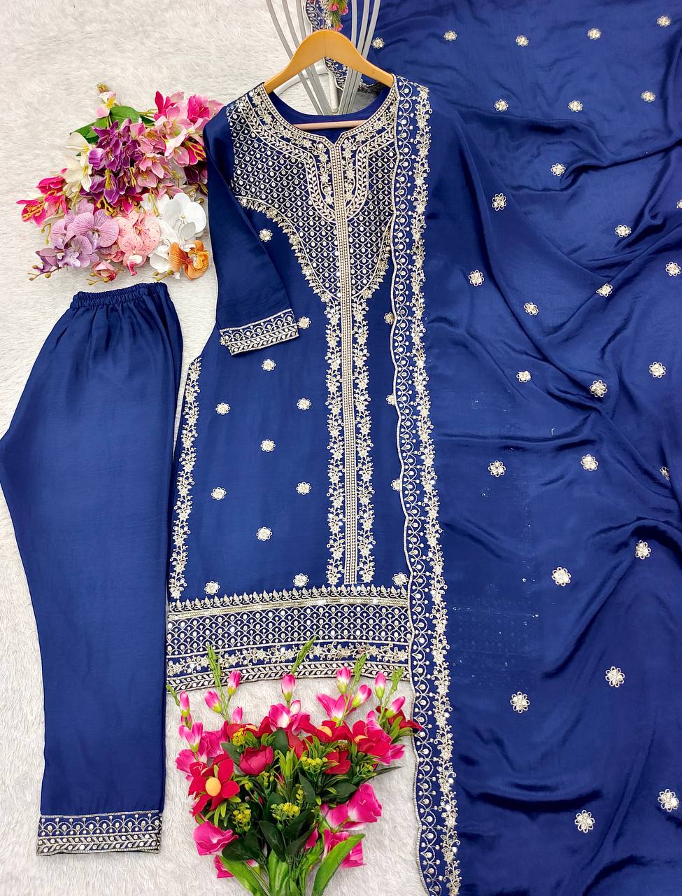 Pure Cinon Top-Pent and Dupatta Set Fully Stitched Ready To Wear