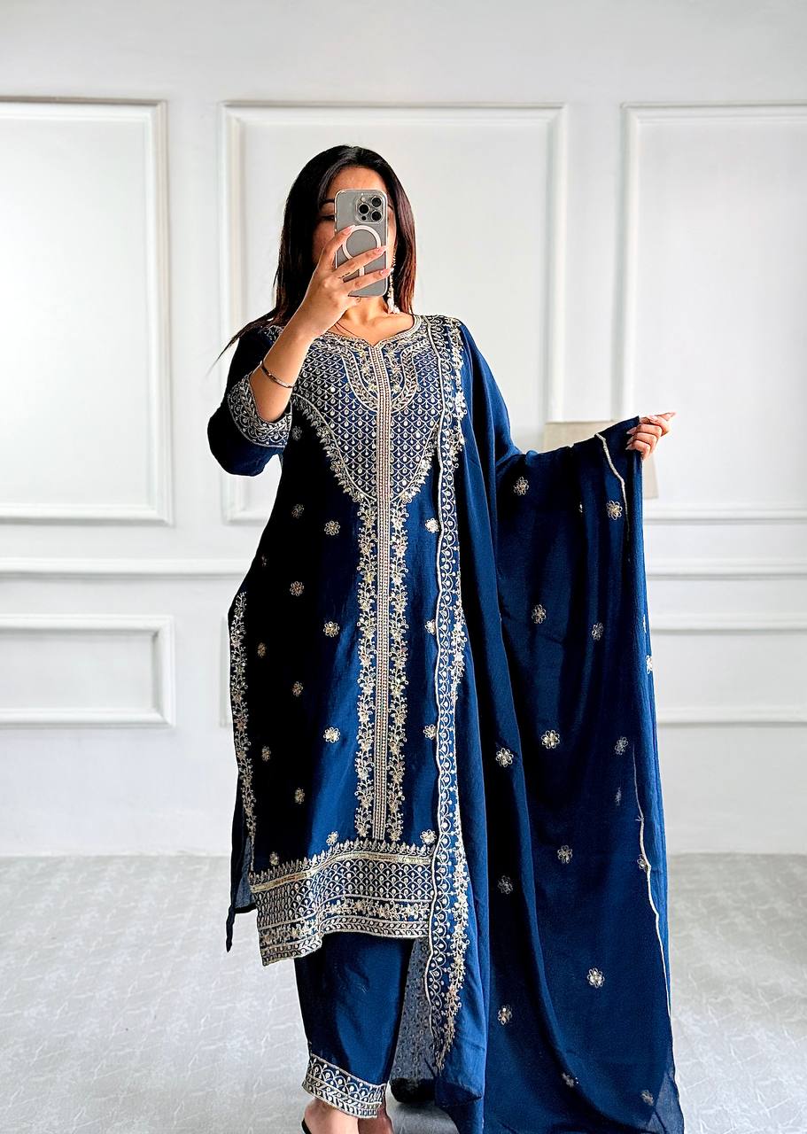 Pure Cinon Top-Pent and Dupatta Set Fully Stitched Ready To Wear