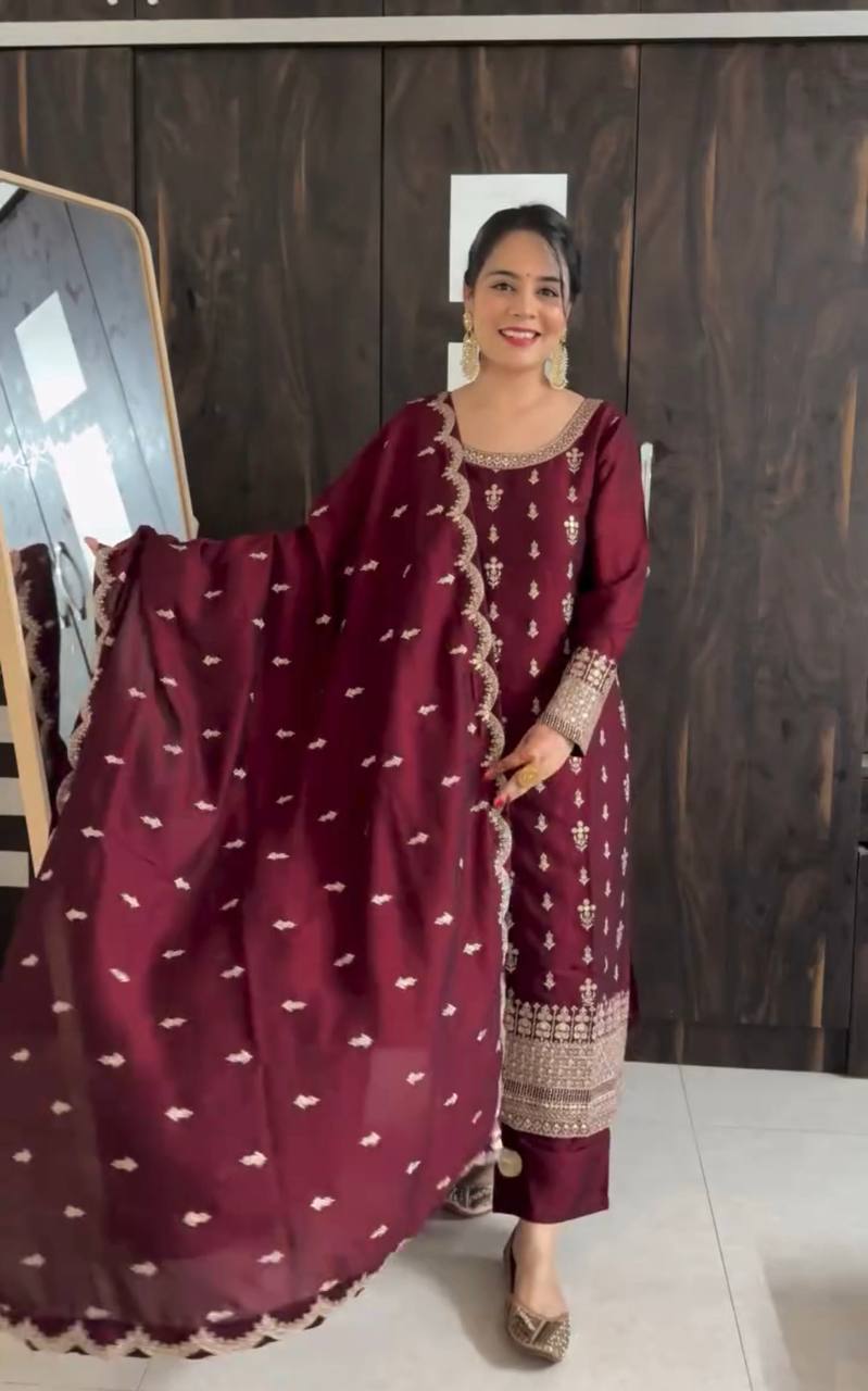 Pure Cinon Top-Pent and Dupatta Set Fully Stitched Ready To Wear