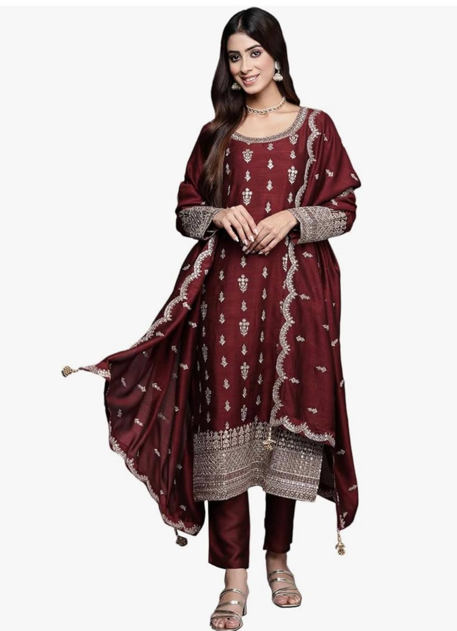 Pure Cinon Top-Pent and Dupatta Set Fully Stitched Ready To Wear