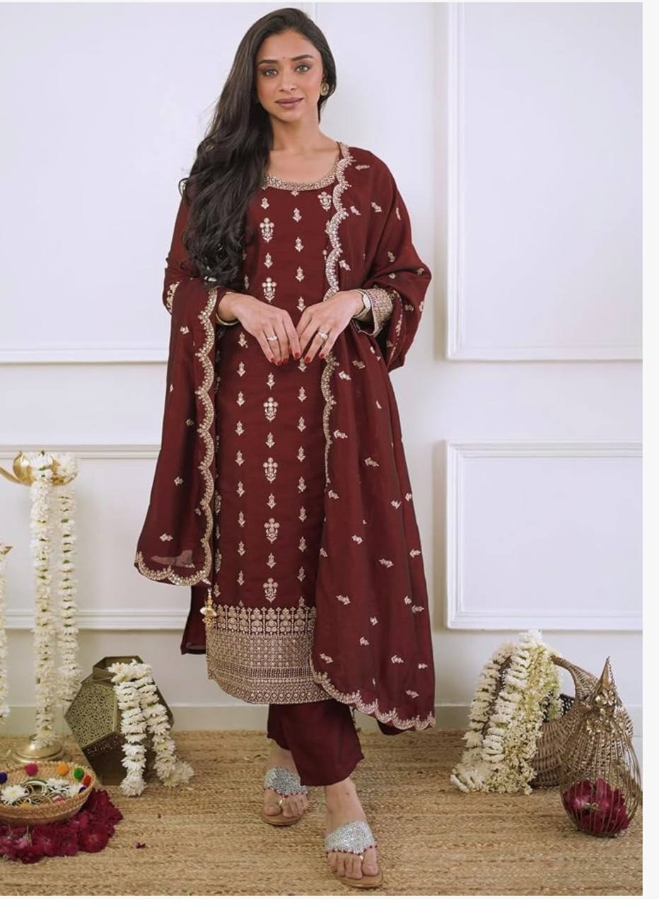 Pure Cinon Top-Pent and Dupatta Set Fully Stitched Ready To Wear