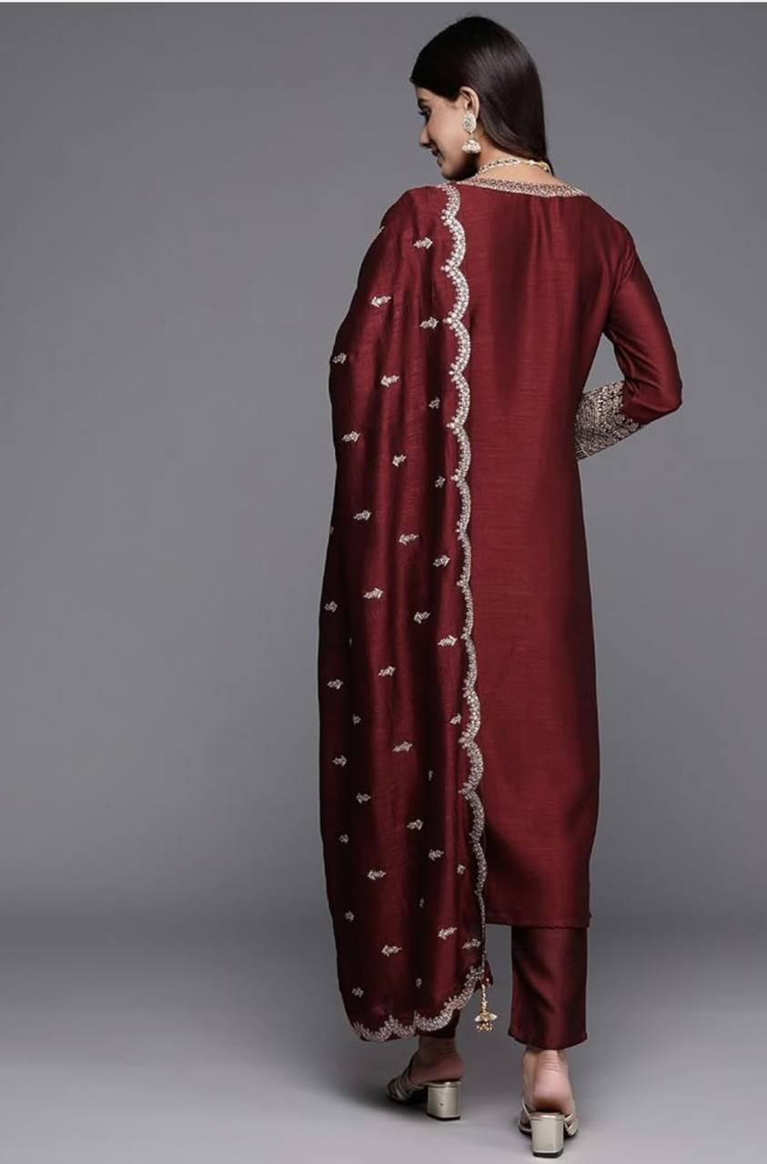 Pure Cinon Top-Pent and Dupatta Set Fully Stitched Ready To Wear
