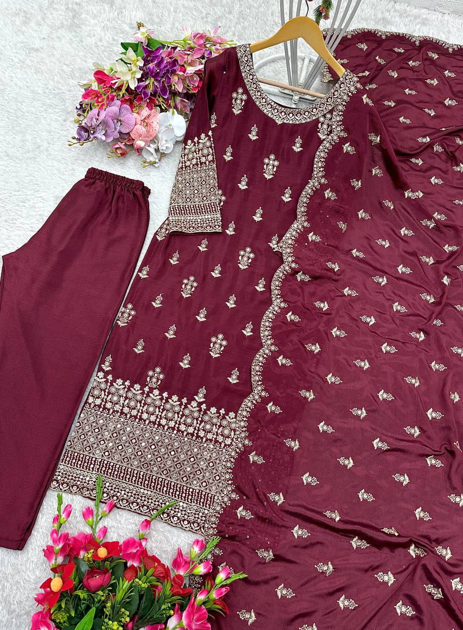 Pure Cinon Top-Pent and Dupatta Set Fully Stitched Ready To Wear