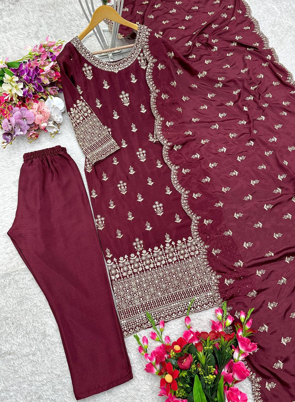 Pure Cinon Top-Pent and Dupatta Set Fully Stitched Ready To Wear