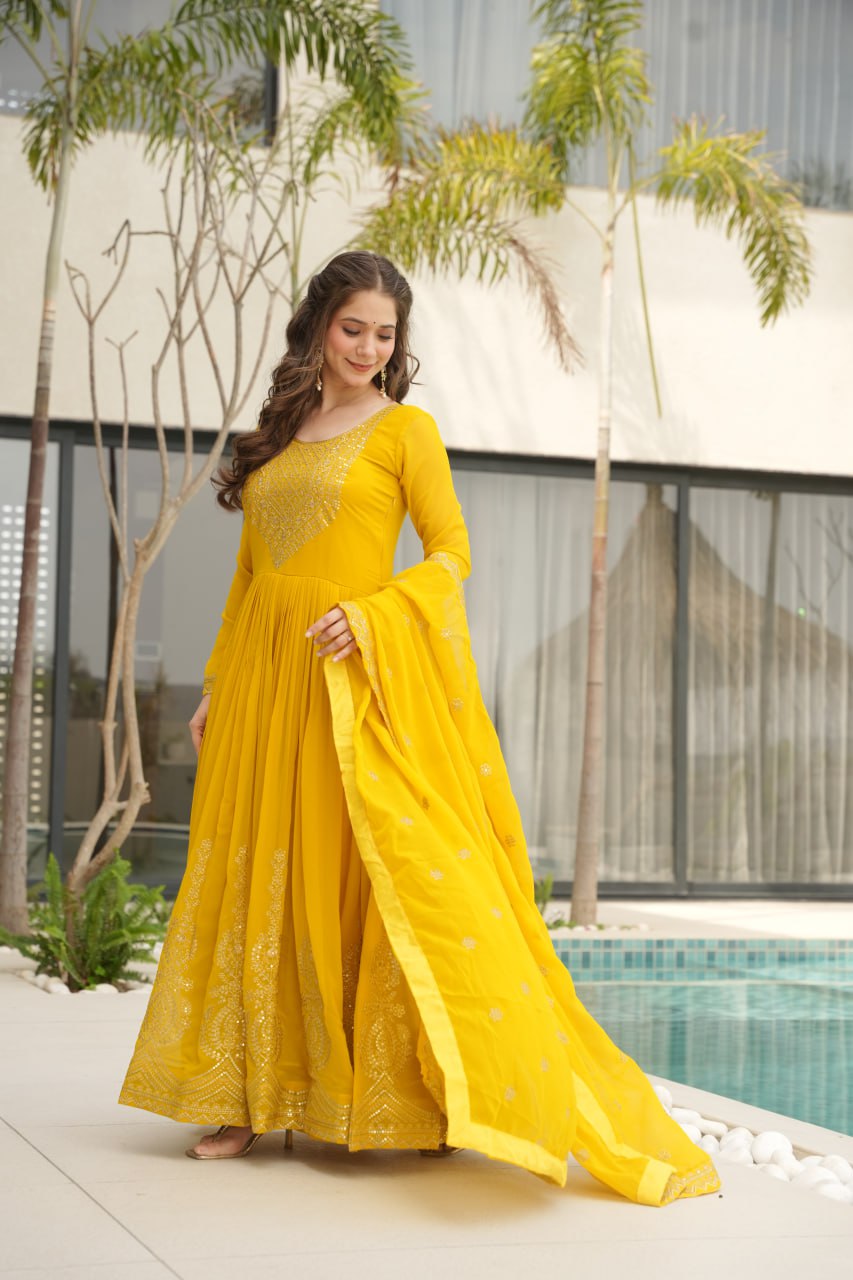 Graceful Faux Blooming Anarkali Set with Zari & Sequins Embroidery