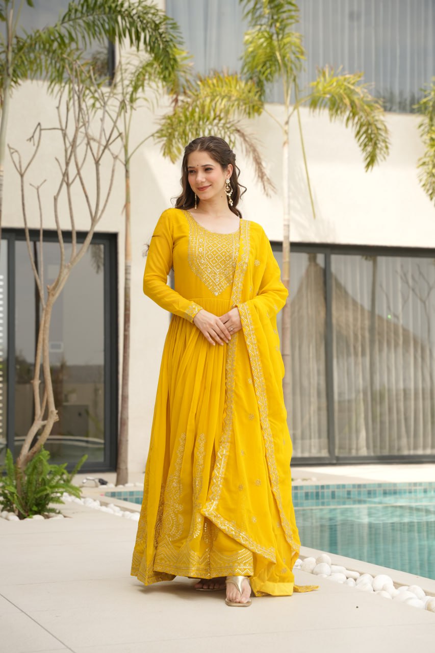 Graceful Faux Blooming Anarkali Set with Zari & Sequins Embroidery