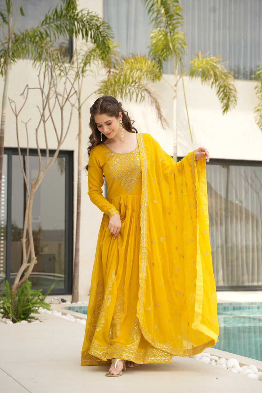 Graceful Faux Blooming Anarkali Set with Zari & Sequins Embroidery