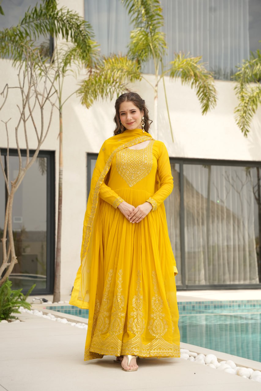 Graceful Faux Blooming Anarkali Set with Zari & Sequins Embroidery