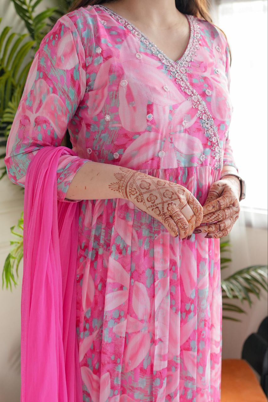 Designer Georgette Gown – Printed & Embroidered Elegance