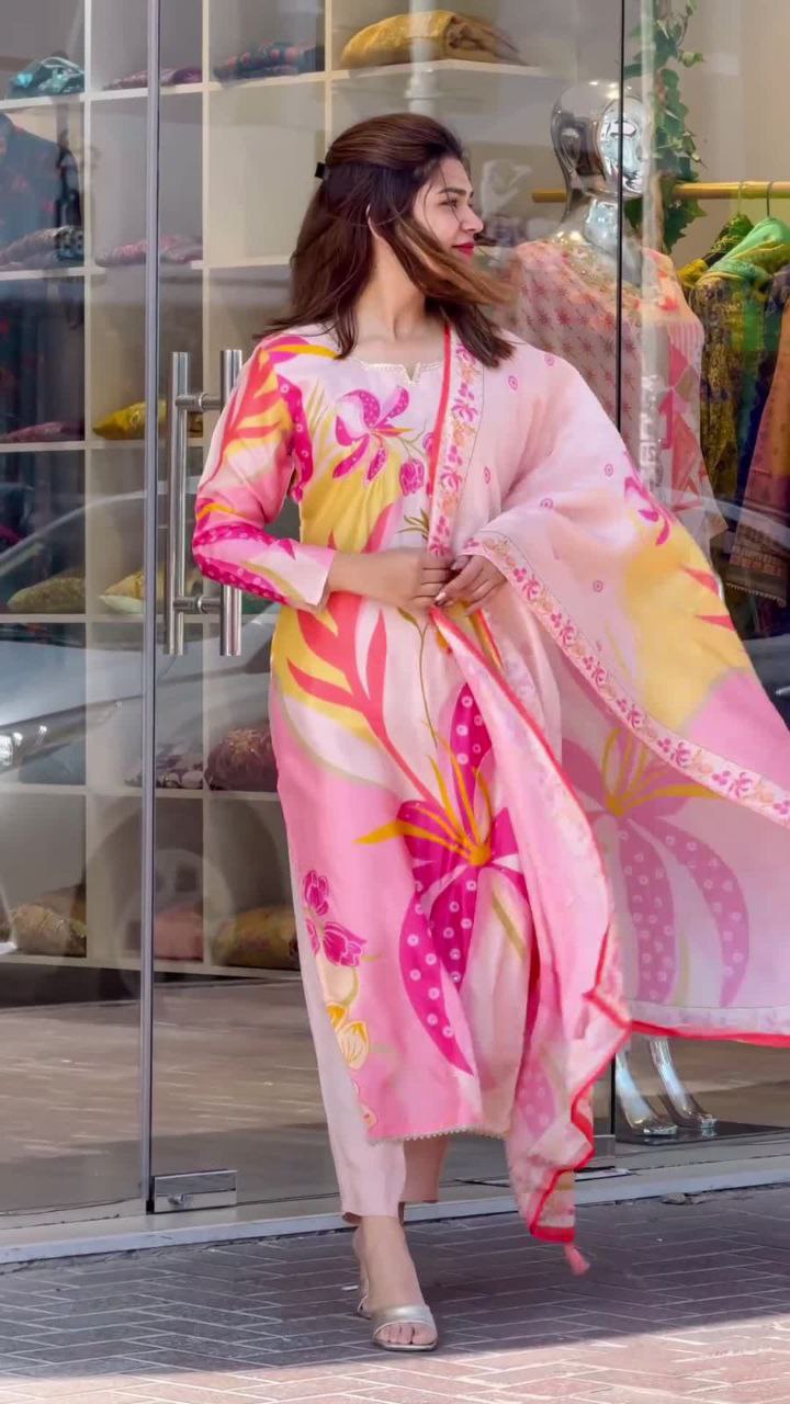 Designer Viscose Chanderi Kurta Set with Dupatta & Pants