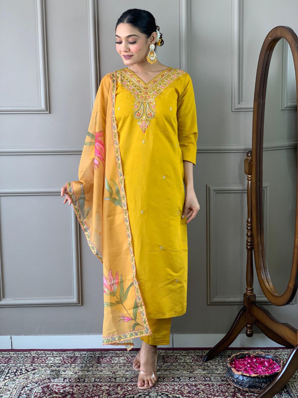 Designer Viscose Chanderi Kurta Set with Dupatta & Pants
