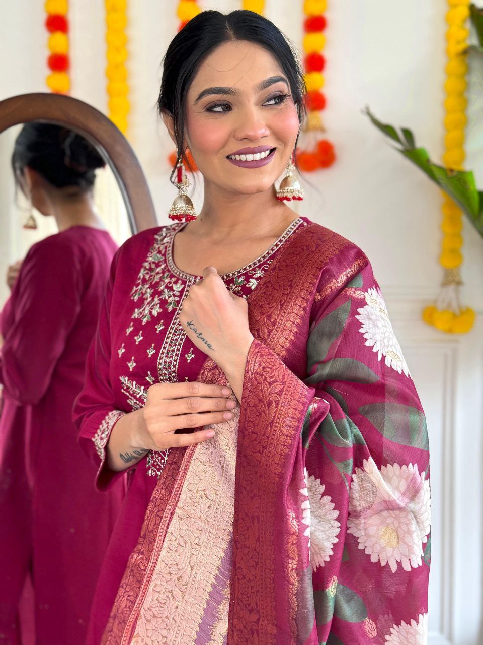 Designer Viscose Chanderi Kurta Set with Dupatta & Pants