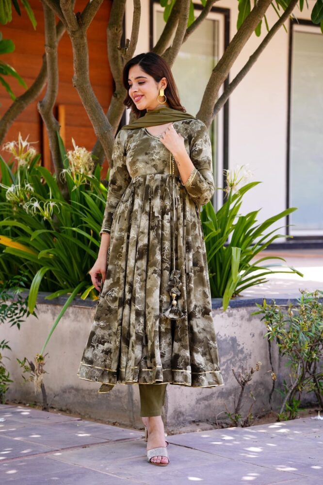 Khakhi Green Colour ANARKALI SUIT SET 3-PAIR CODE/ TD-109