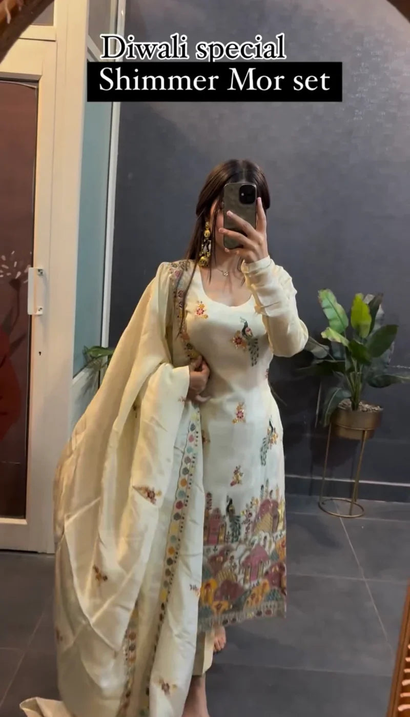 White Premium Designer Peacock Design Suit