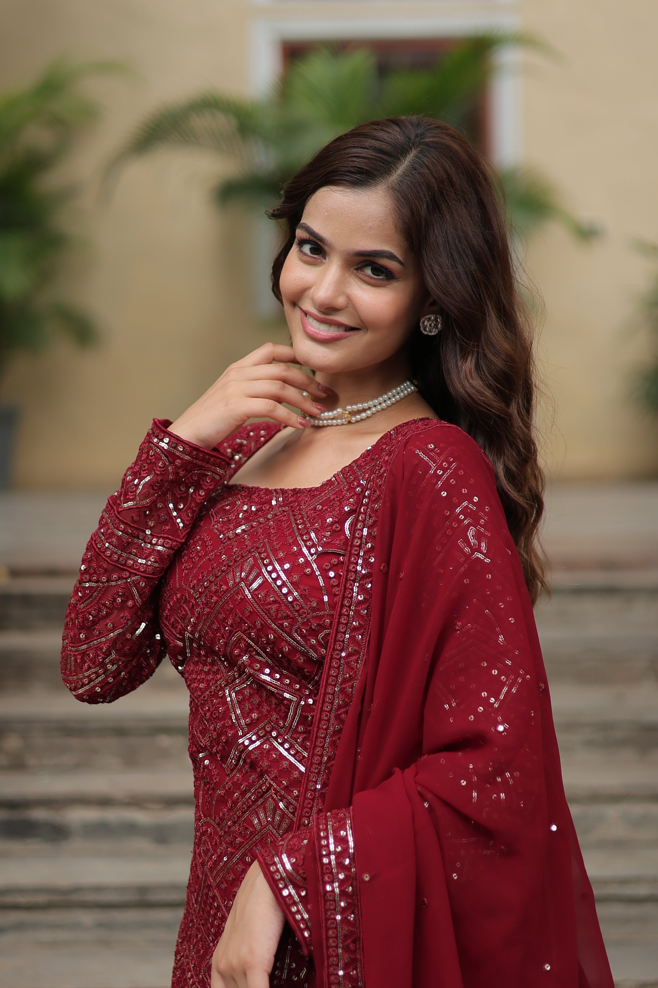 Faux Georgette with Sequins & Thread Embroidered Work