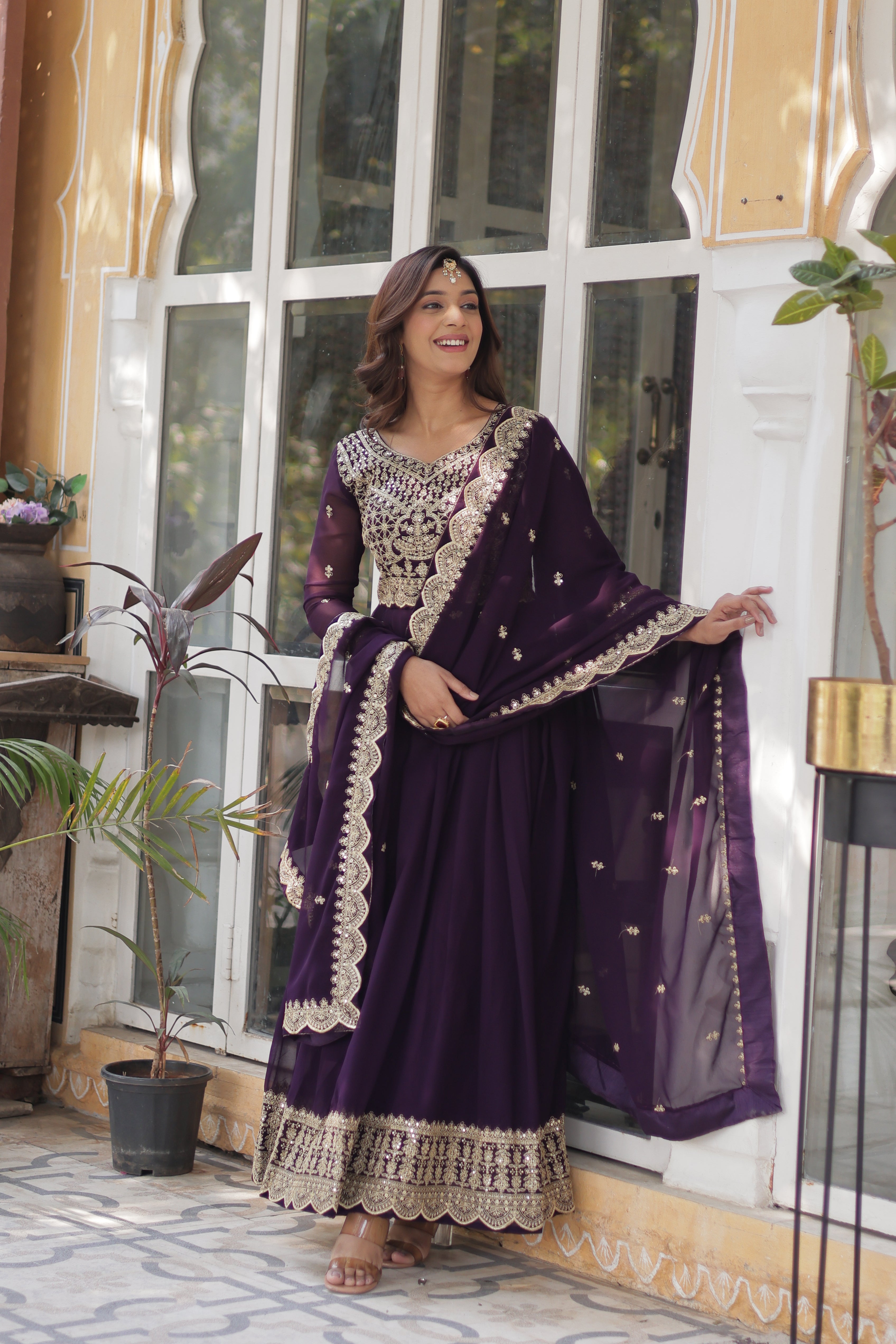 Faux Georgette with Sequins & Thread Embroidered Work