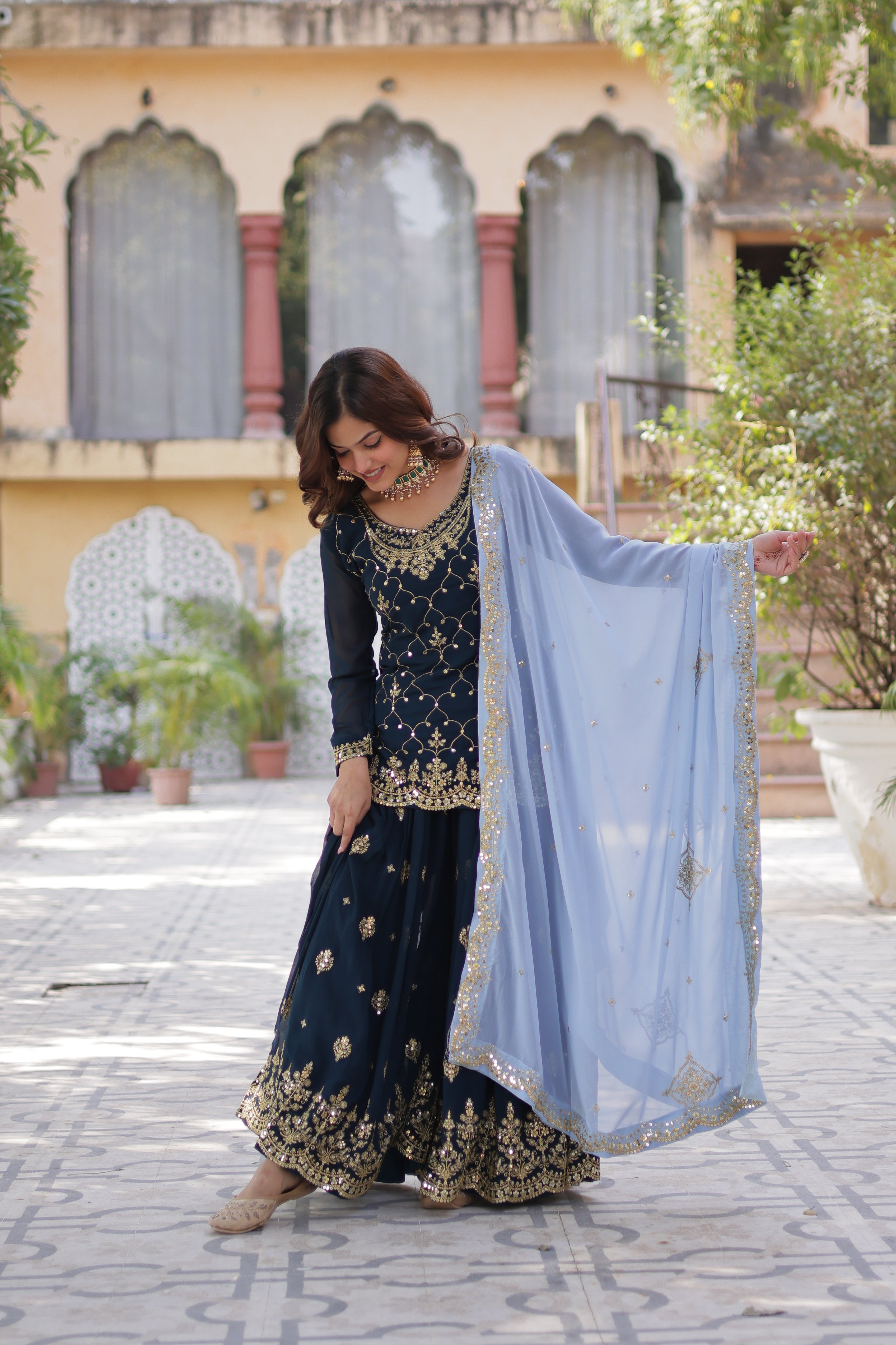 Faux Georgette with Sequins & Thread Embroidered Work