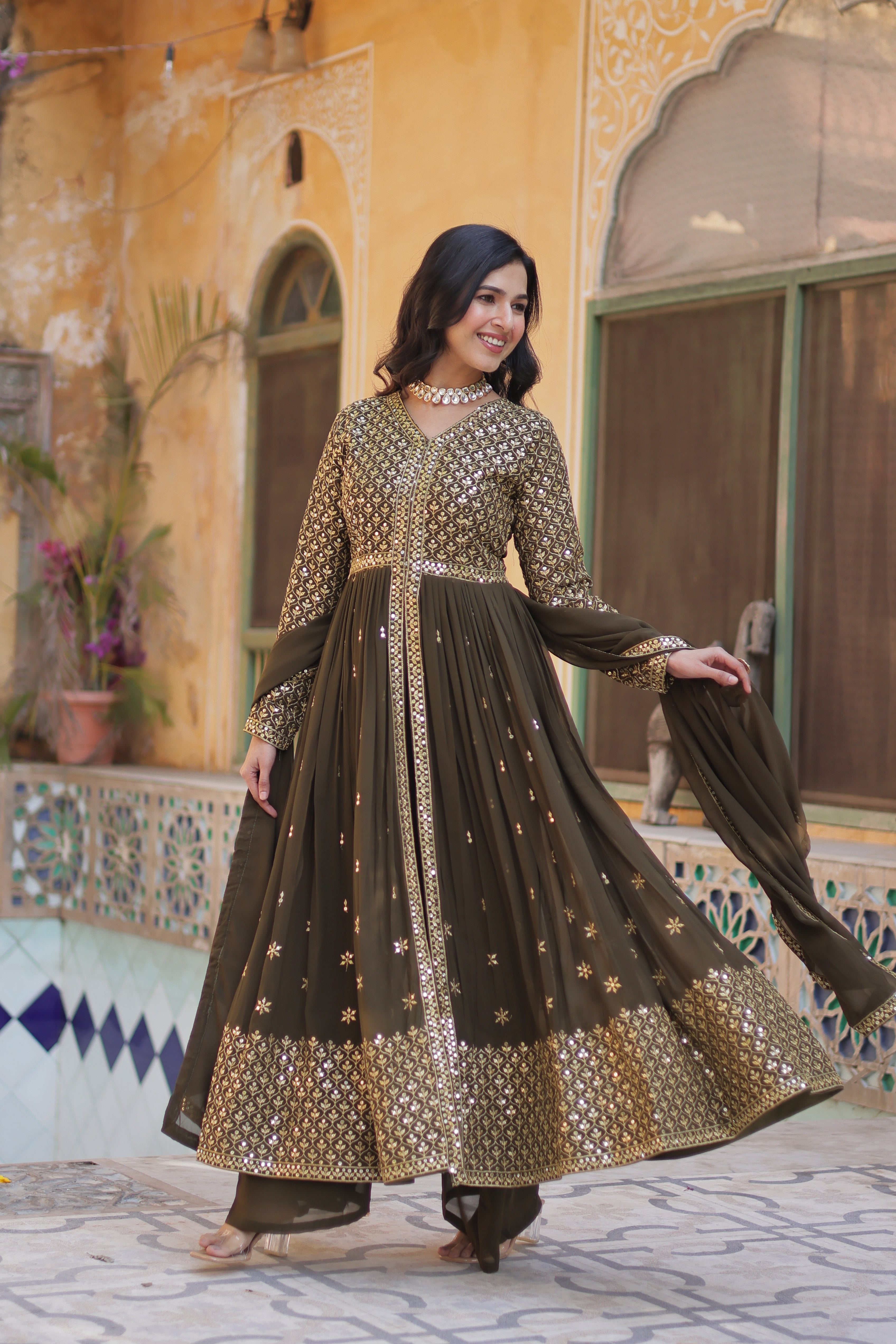 Faux Georgette with Sequins & Thread Embroidered Work