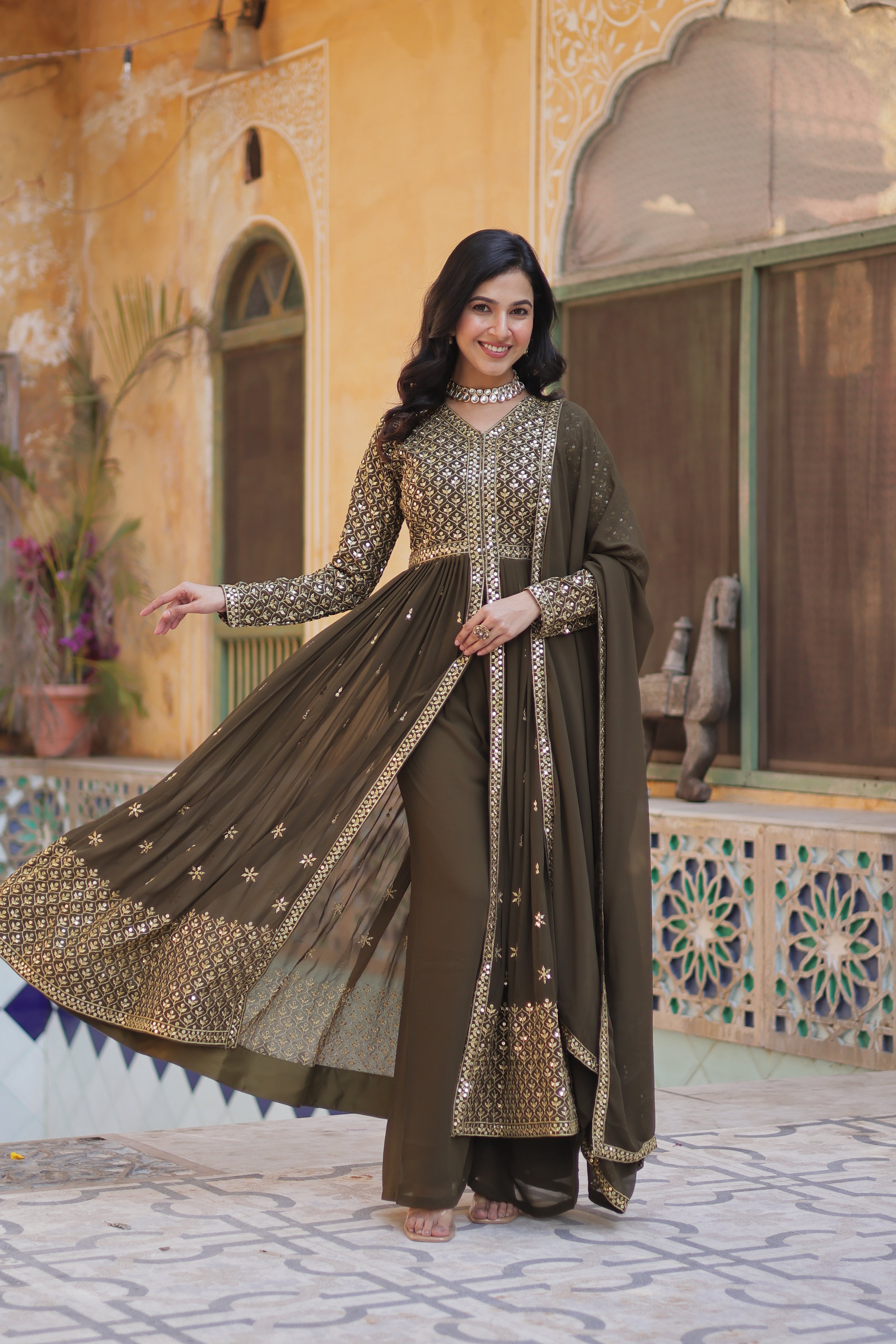 Faux Georgette with Sequins & Thread Embroidered Work