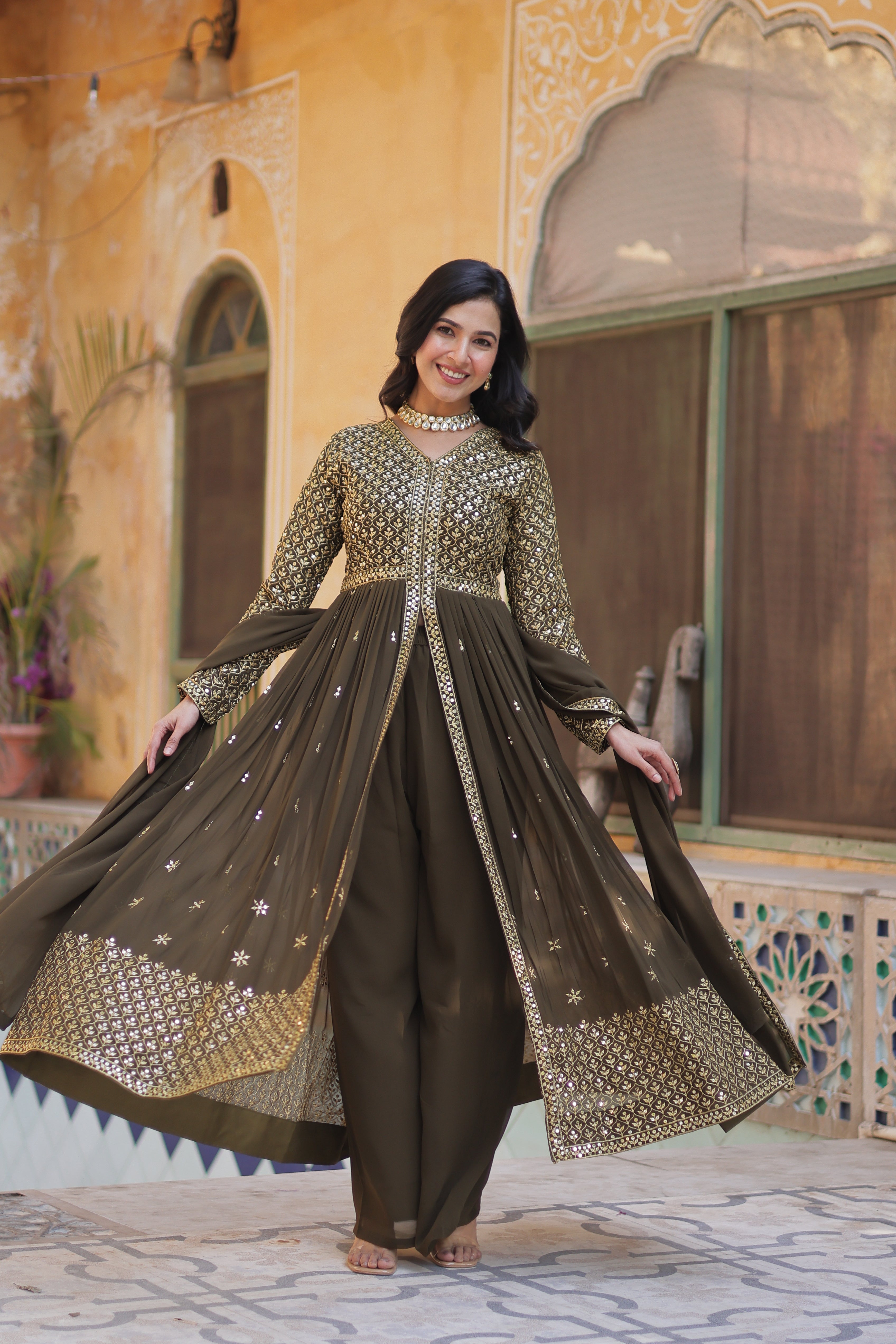 Faux Georgette with Sequins & Thread Embroidered Work