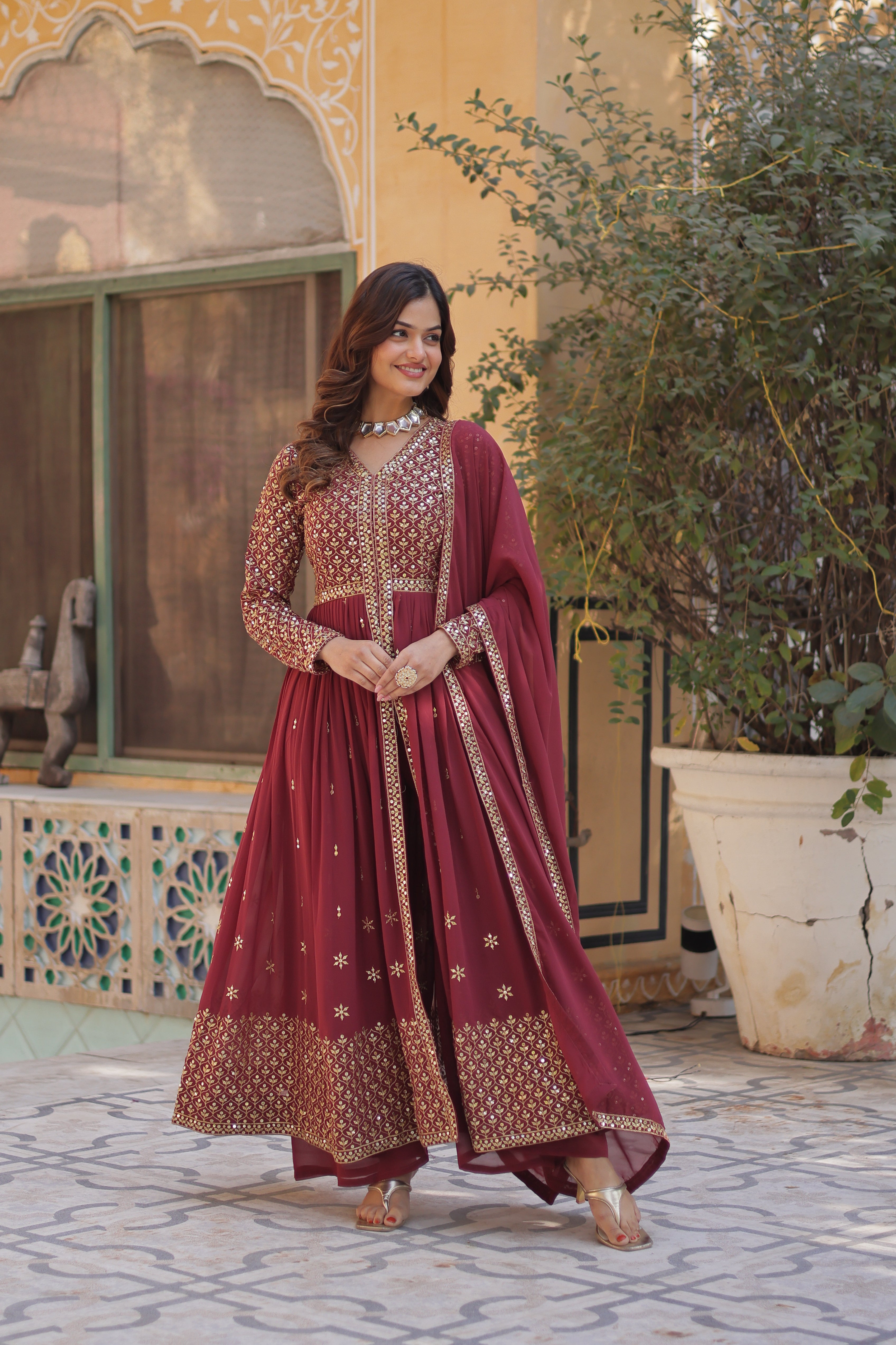Faux Georgette with Sequins & Thread Embroidered Work
