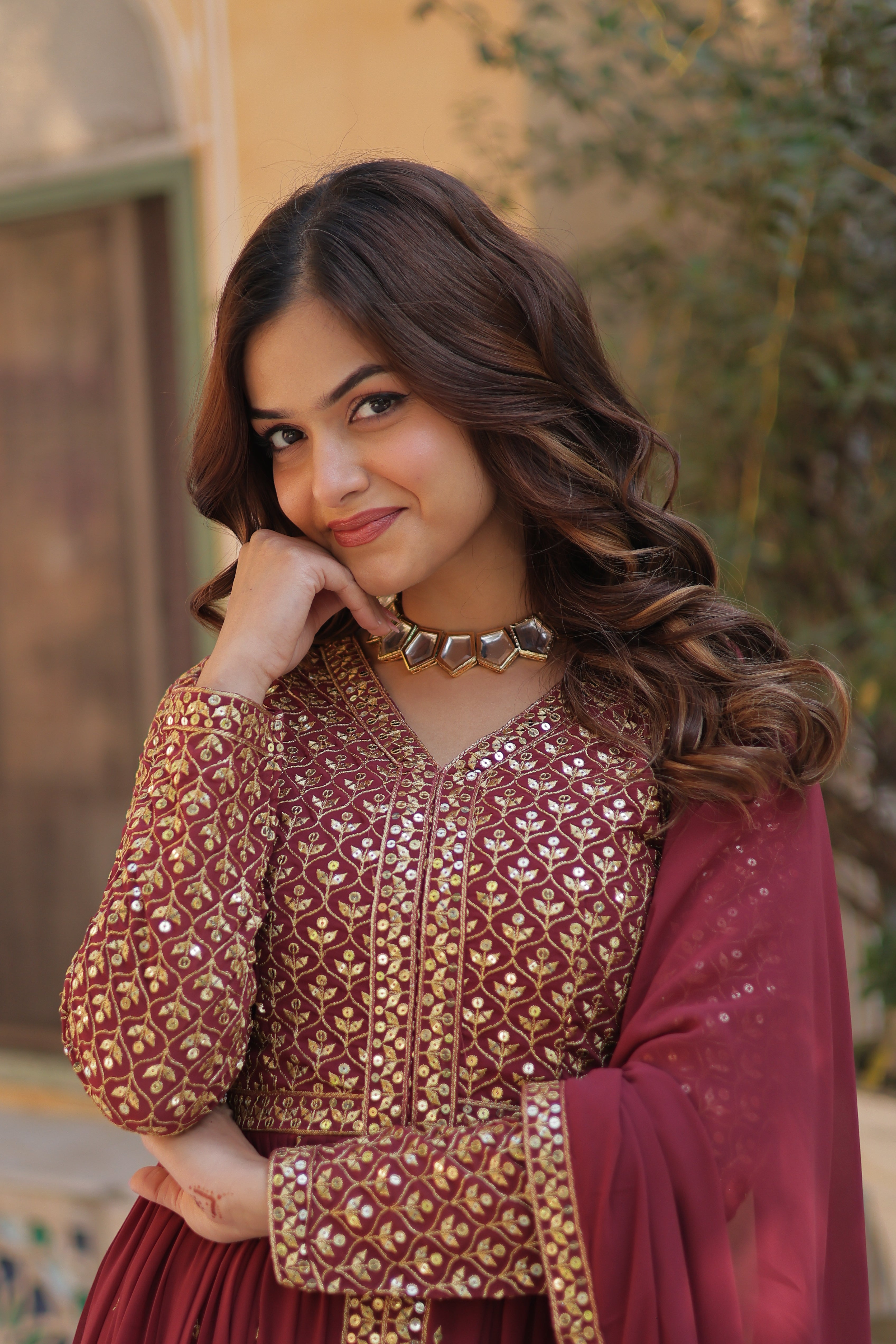 Faux Georgette with Sequins & Thread Embroidered Work