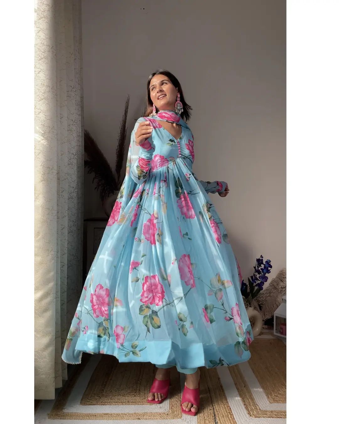 Aniska Sky Blue Floral Print Anarkali Suit