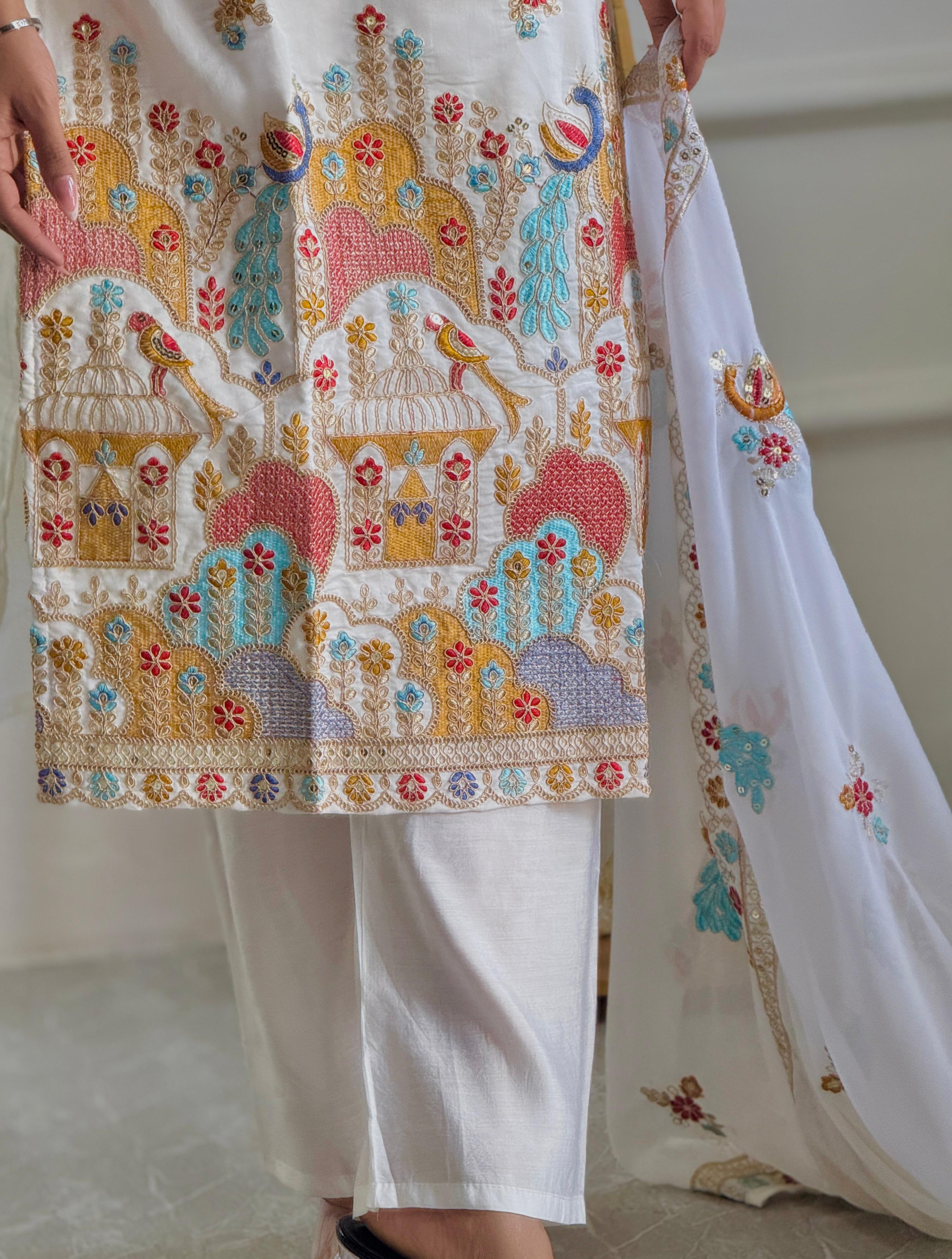 Luxurious Heavy Roman Silk Embroidered Top & Bottom Set with Dupatta