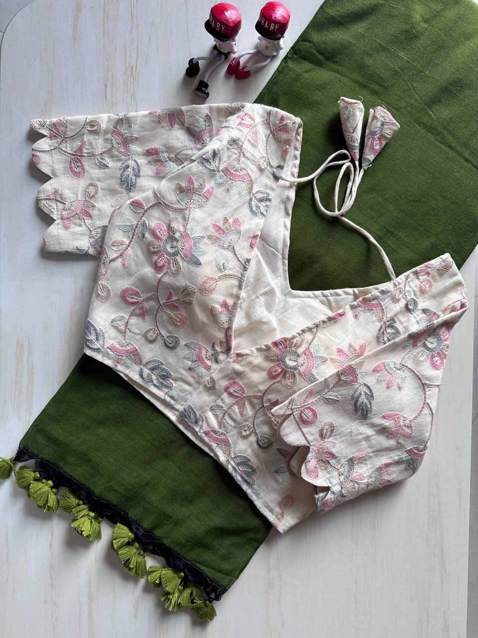 Elegant Khadi Cotton Saree with Stitched Blouse