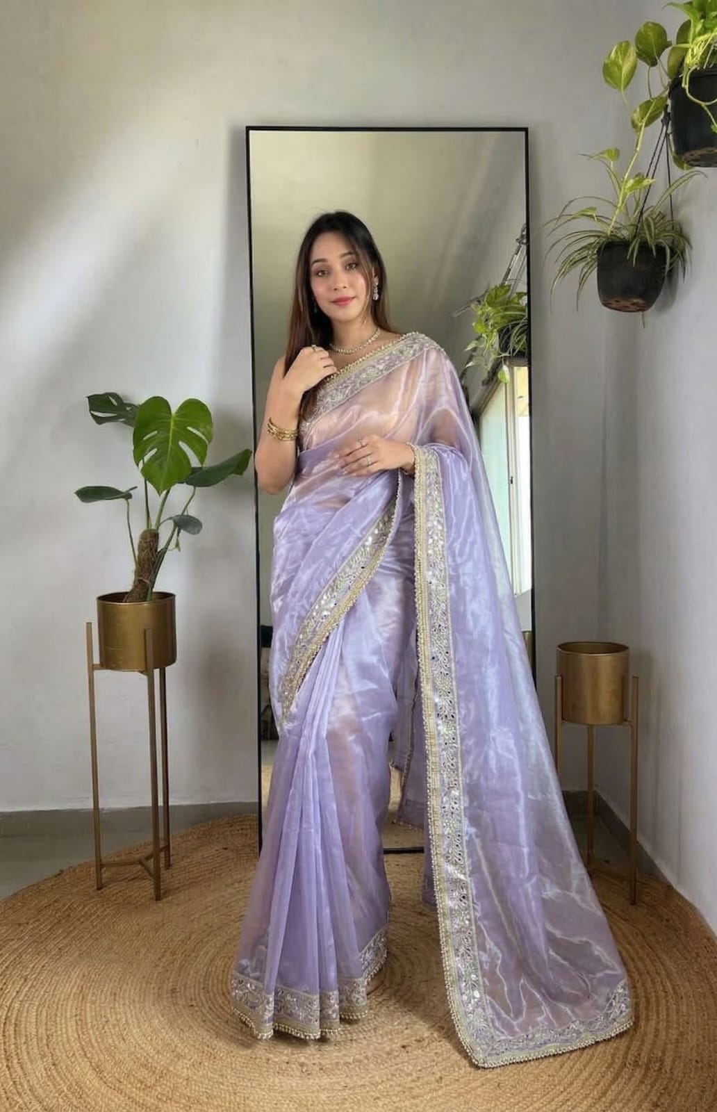 Elegant Organza Silk Saree with Embroidered and Mirror work Border