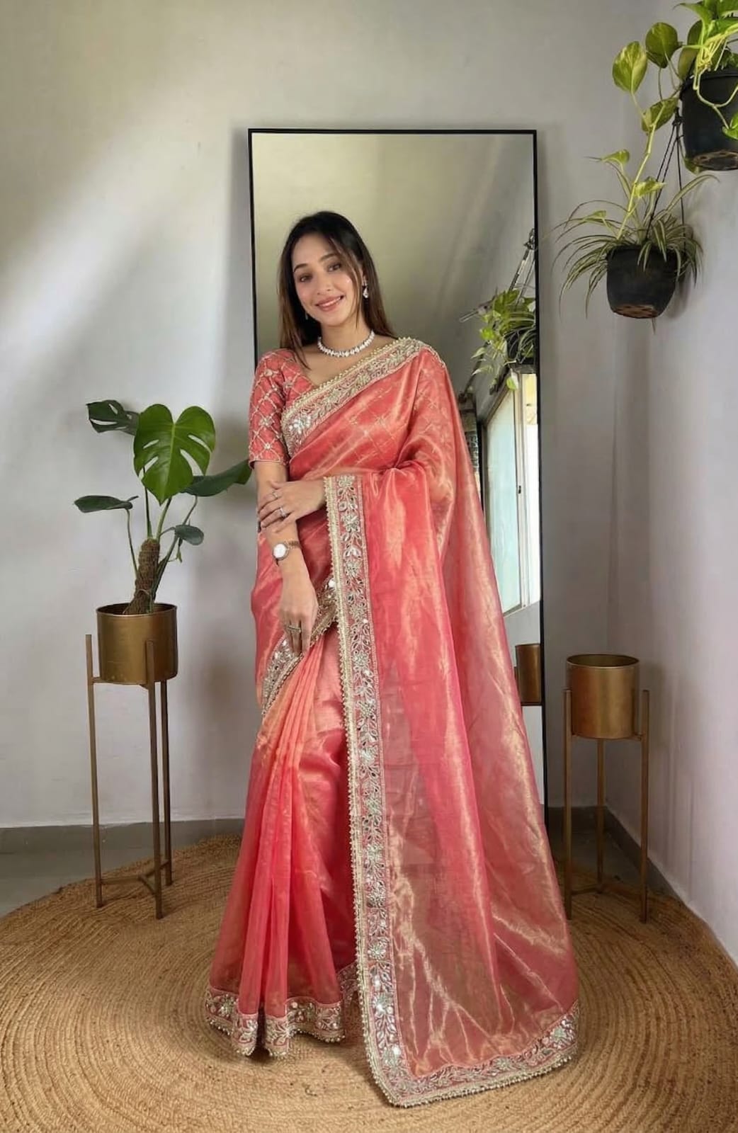 Elegant Organza Silk Saree with Embroidered and Mirror work Border