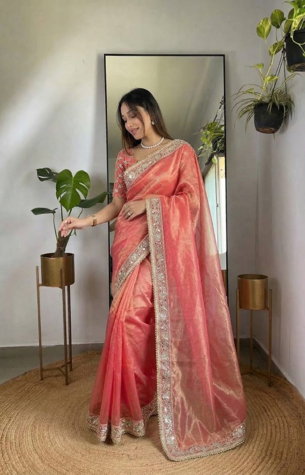 Elegant Organza Silk Saree with Embroidered and Mirror work Border