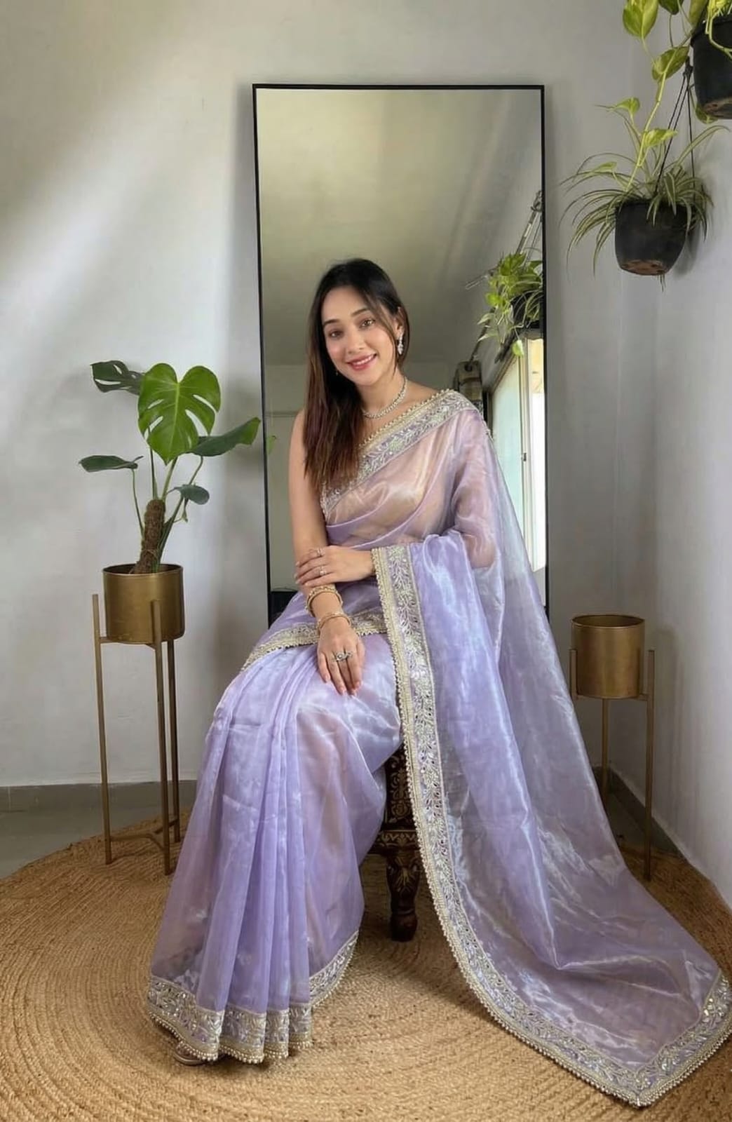 Elegant Organza Silk Saree with Embroidered and Mirror work Border