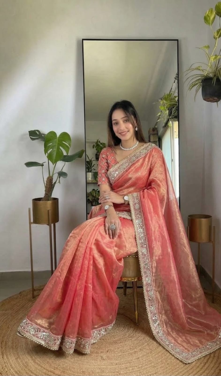 Elegant Organza Silk Saree with Embroidered and Mirror work Border