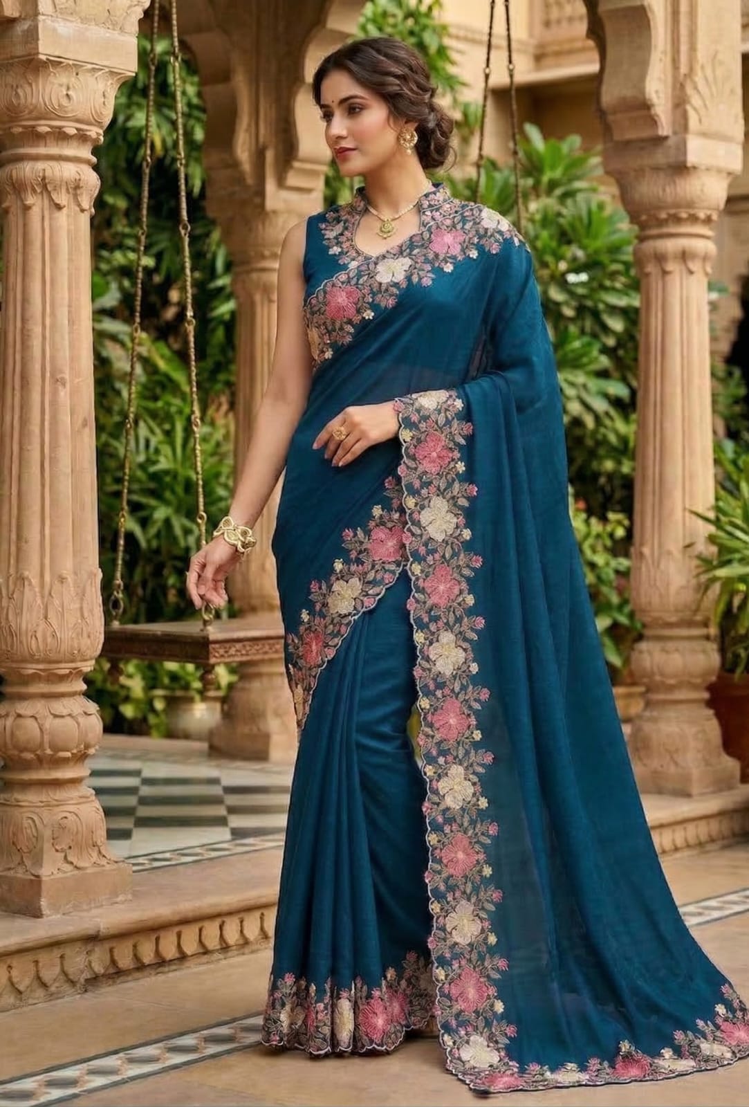 Premium Embroidered Saree with Floral Border