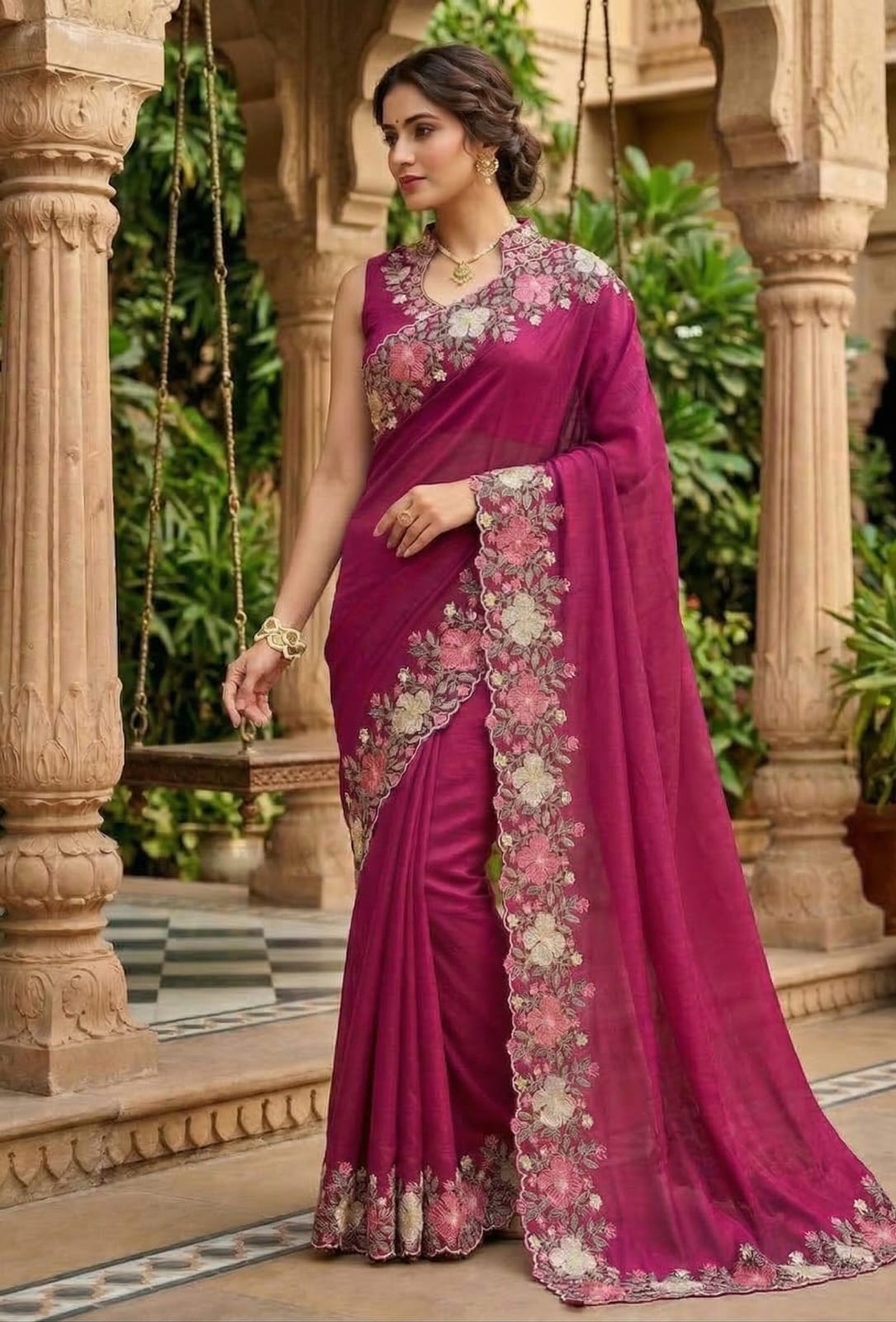 Premium Embroidered Saree with Floral Border