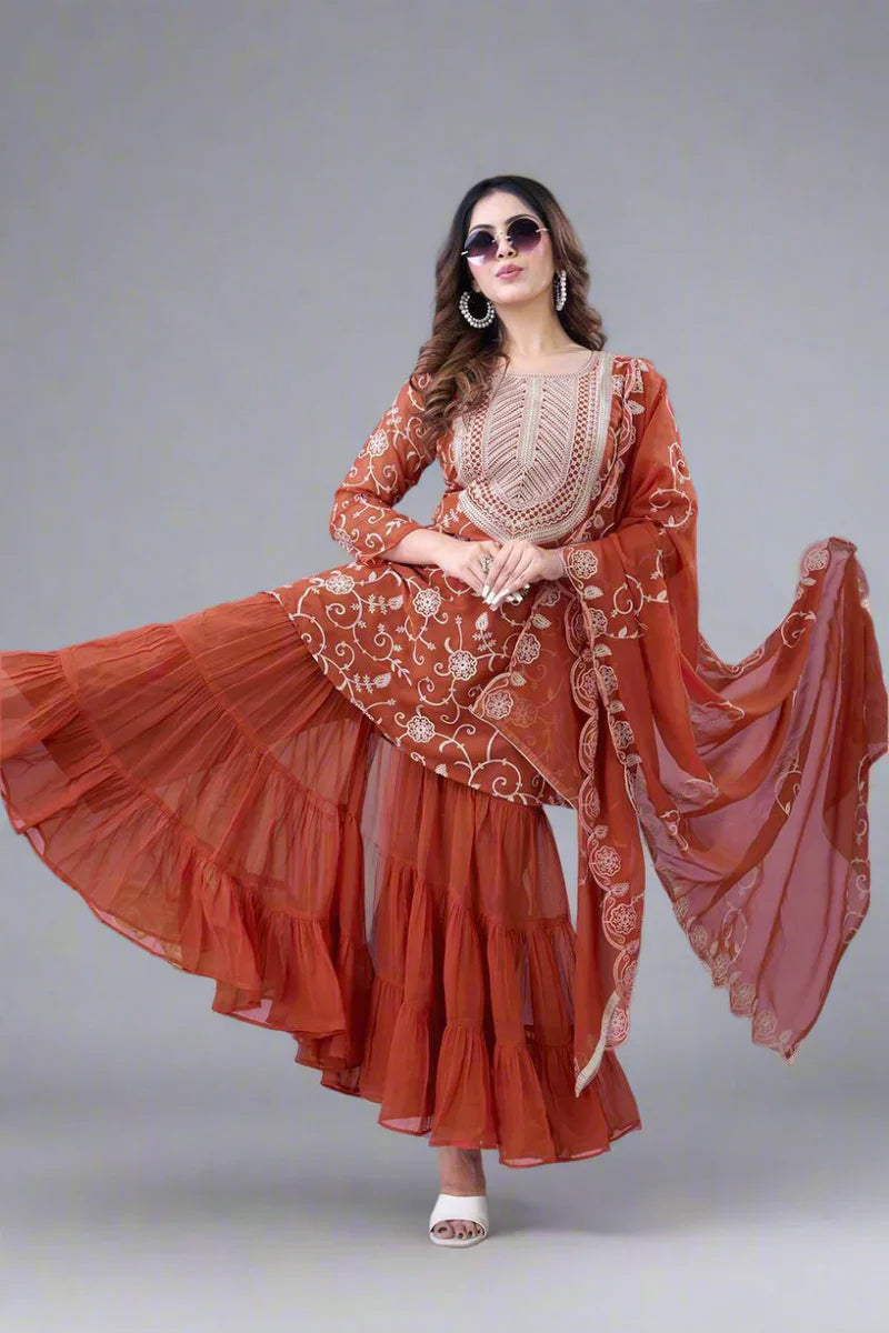 Heavy Georgette Embroidered Sharara Plazzo Set β Fully Stitched & Ready to Wear