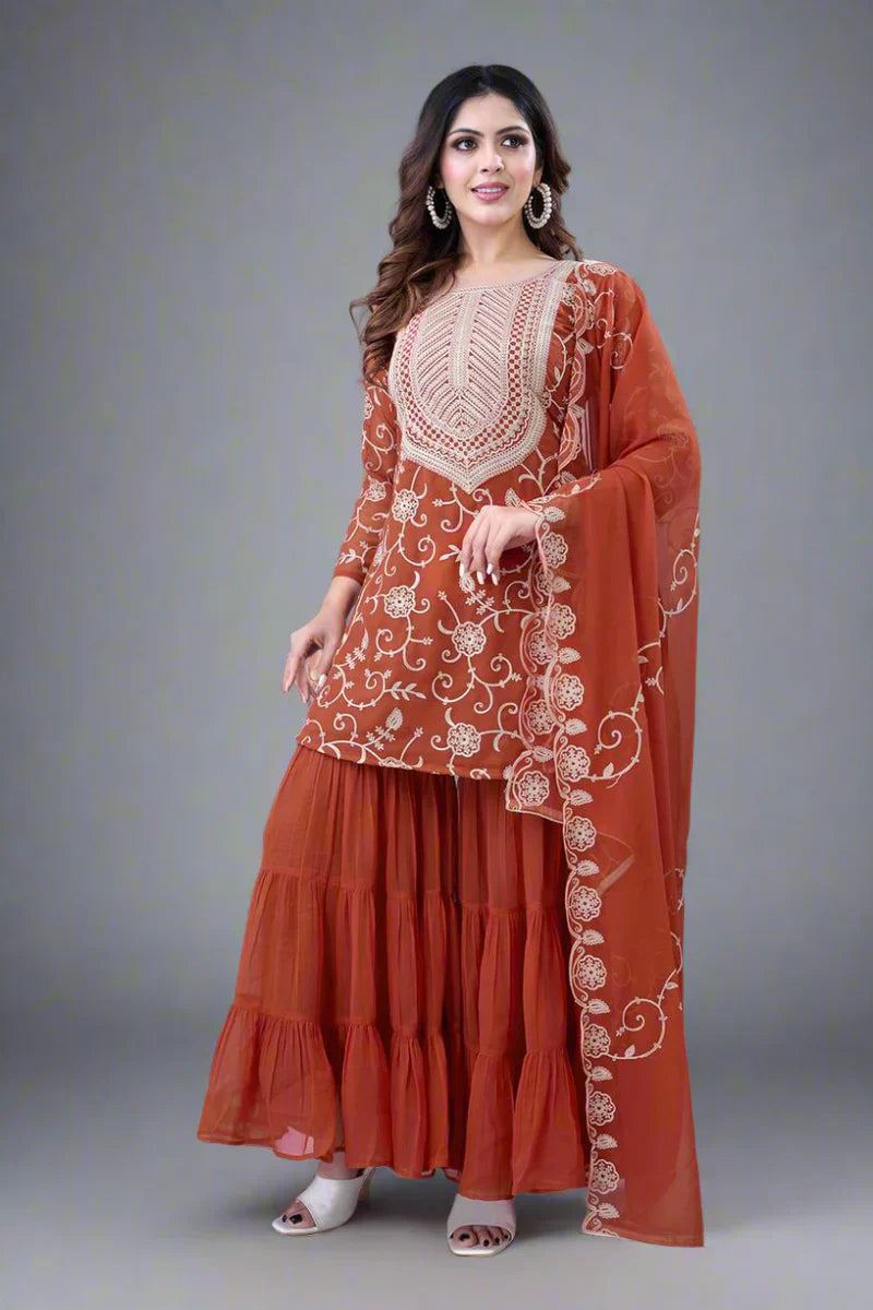 Heavy Georgette Embroidered Sharara Plazzo Set β Fully Stitched & Ready to Wear