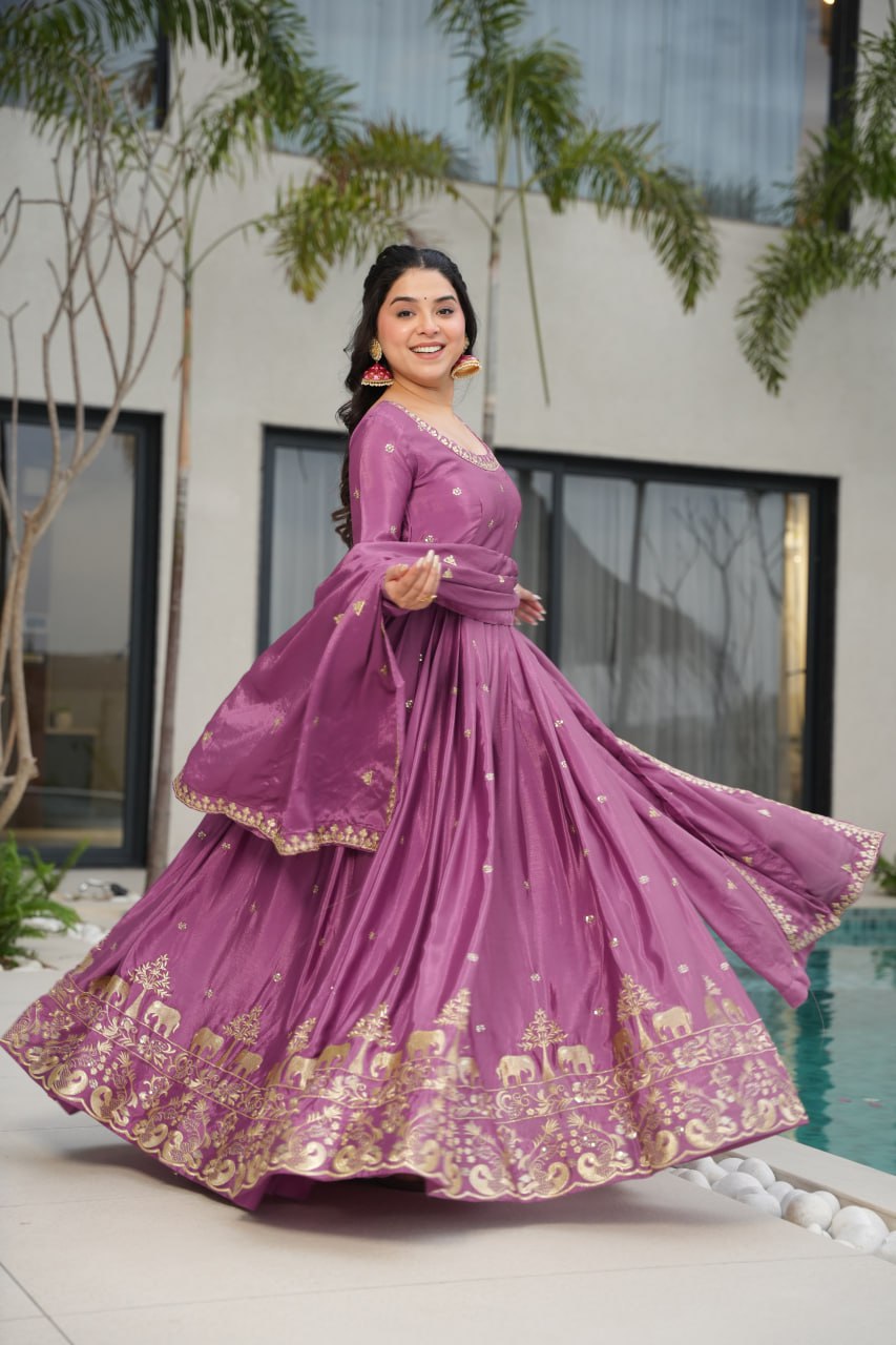 Premium Chinnon Fabric with Embroidery Zari Sequins Work