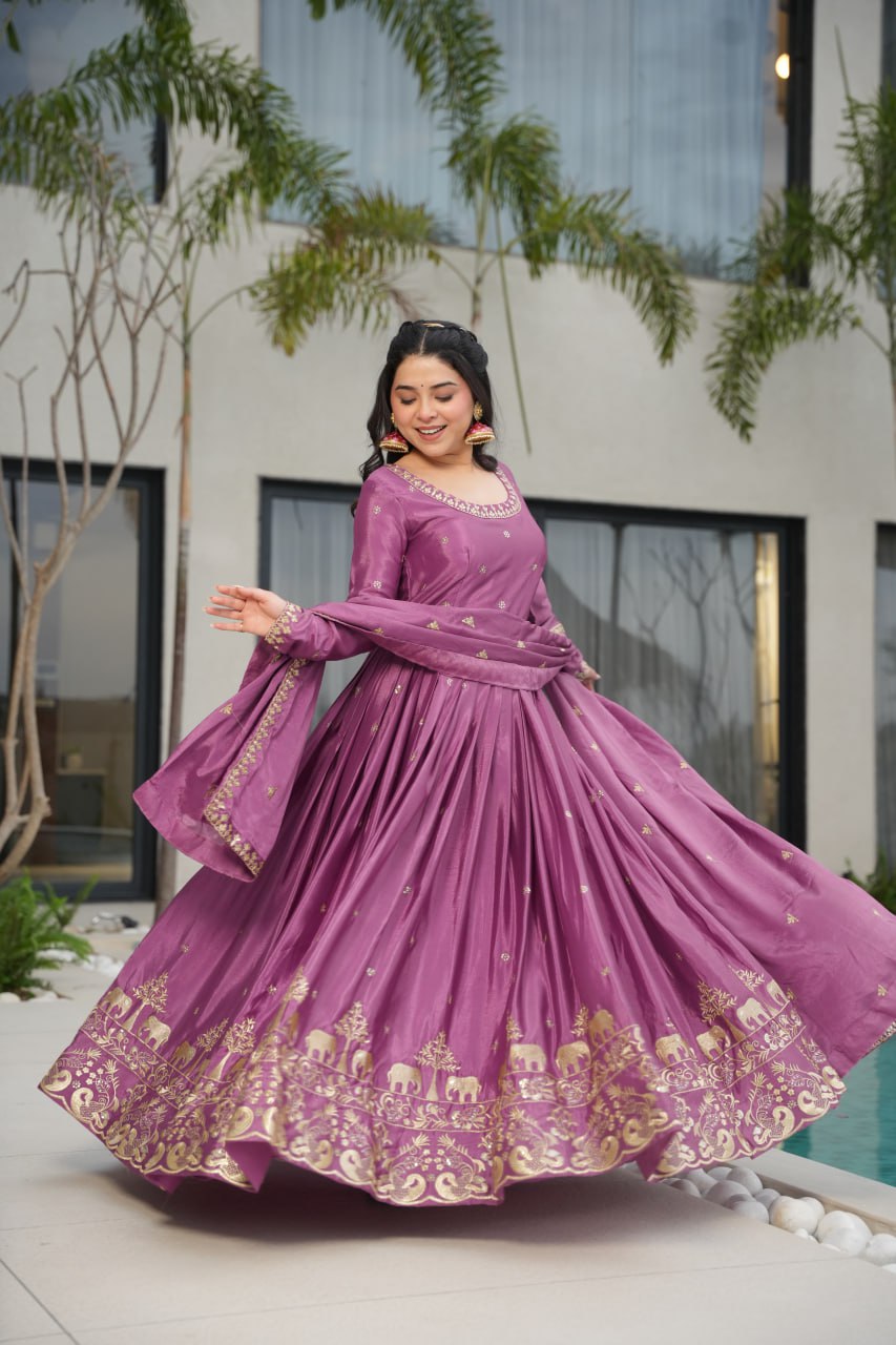 Premium Chinnon Fabric with Embroidery Zari Sequins Work