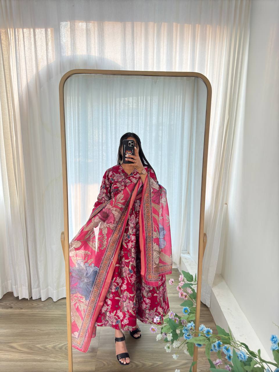 Royal Roman Silk Anarkali Set with Dupatta