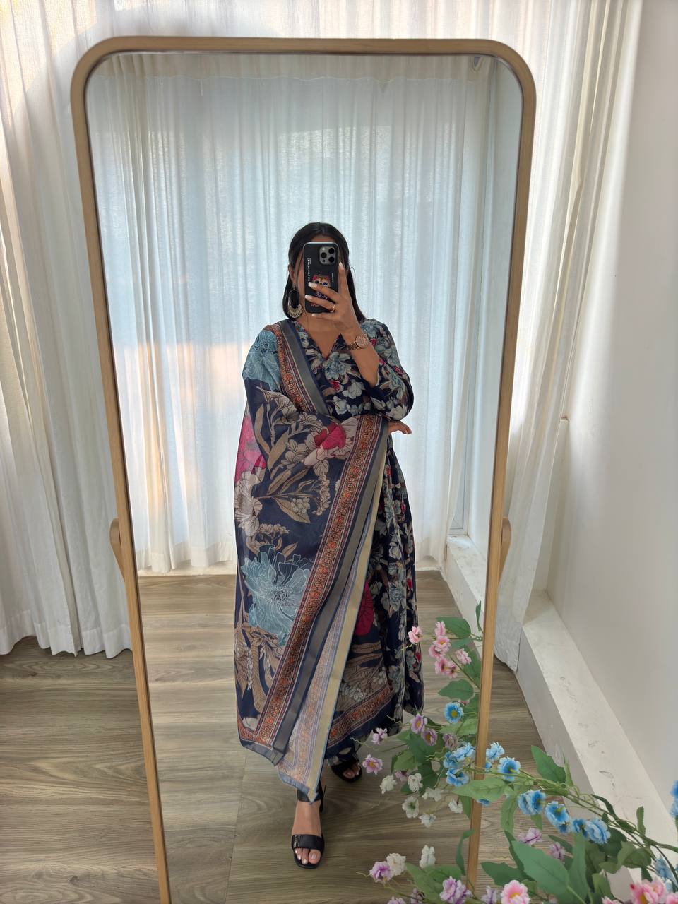 Royal Roman Silk Anarkali Set with Dupatta