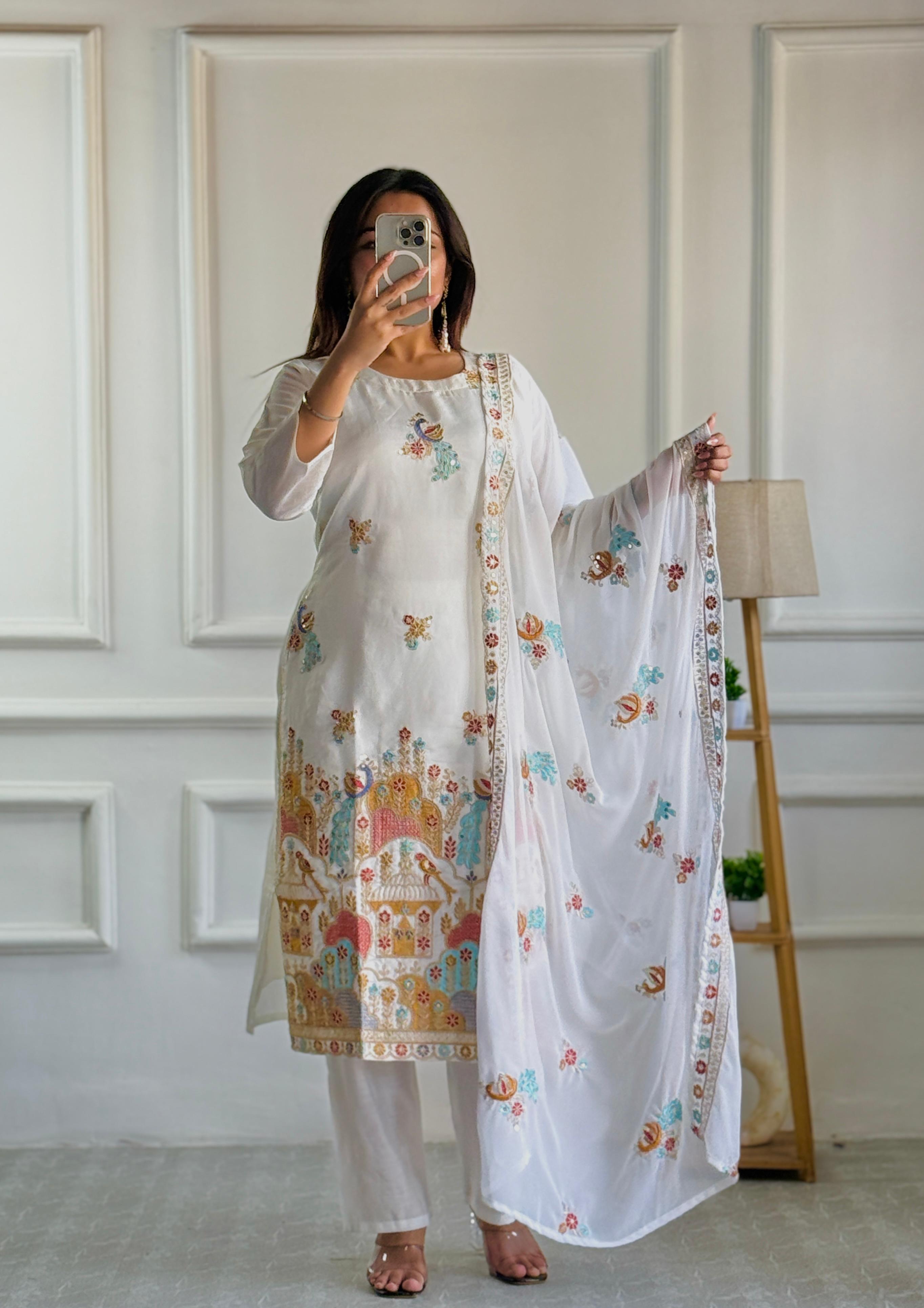 Luxurious Heavy Roman Silk Embroidered Top & Bottom Set with Dupatta
