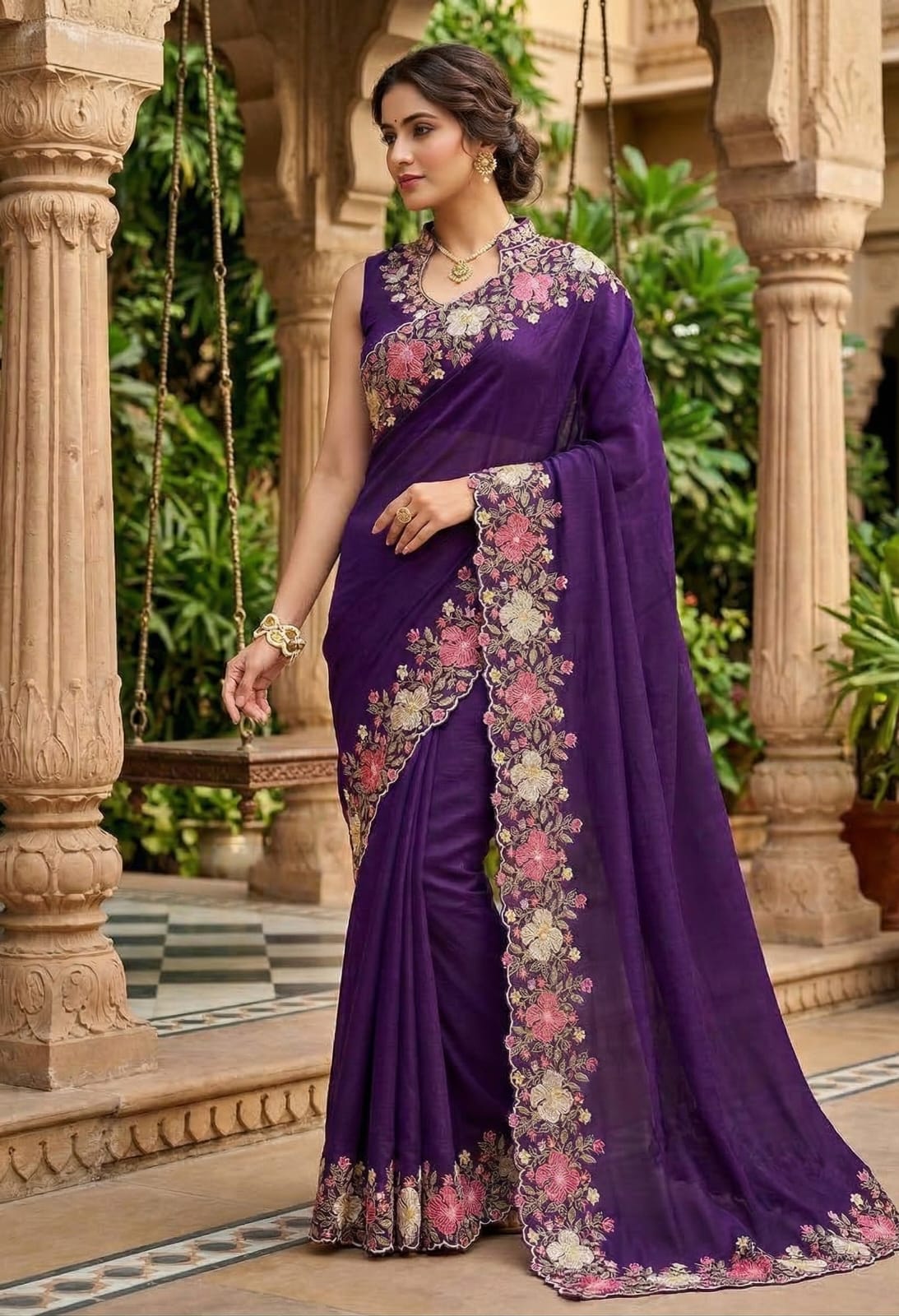 Premium Embroidered Saree with Floral Border
