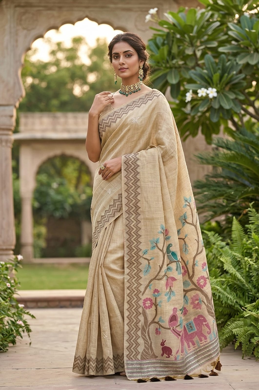 Classy Beige Ethnic Printed Saree