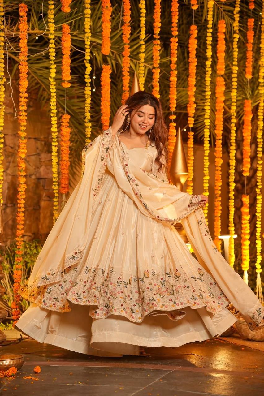 Classic lvory floral embroidered work anarkali suit