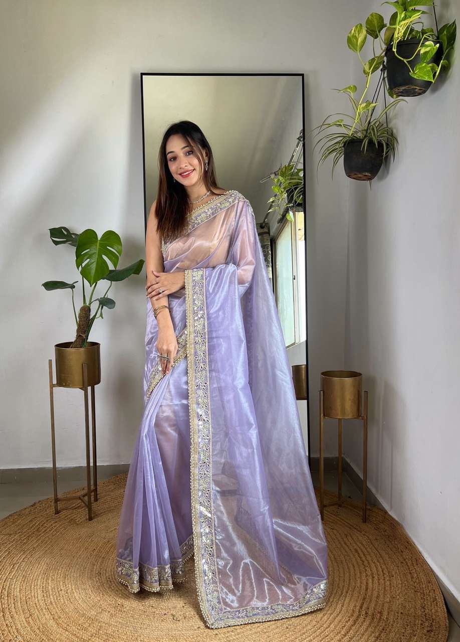Elegant Organza Silk Saree with Embroidered and Mirror work Border