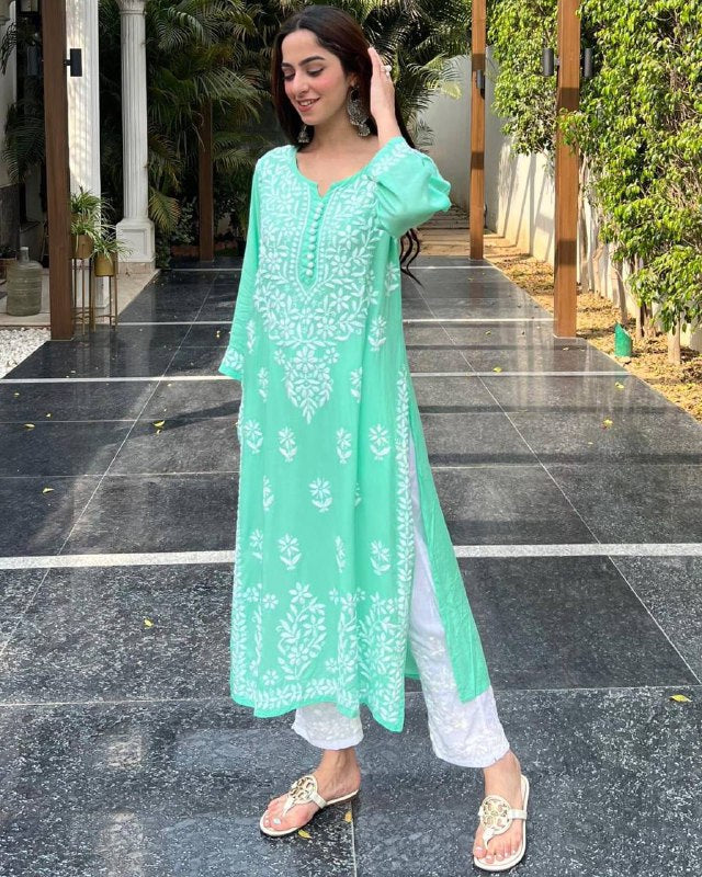 TRANDING EMBROIDERED CHIKANKARI REYON KURTI WITH PLAZZO